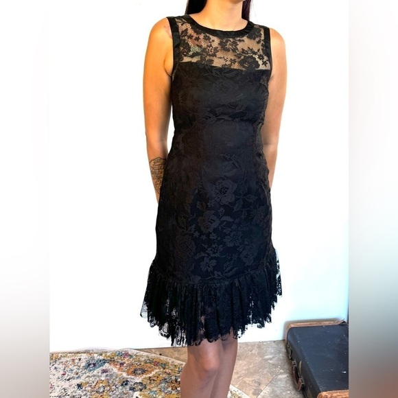 Size 6 Max and Cleo Lace black dress with ruffle detail. Fitted mini dress - Picture 1 of 12